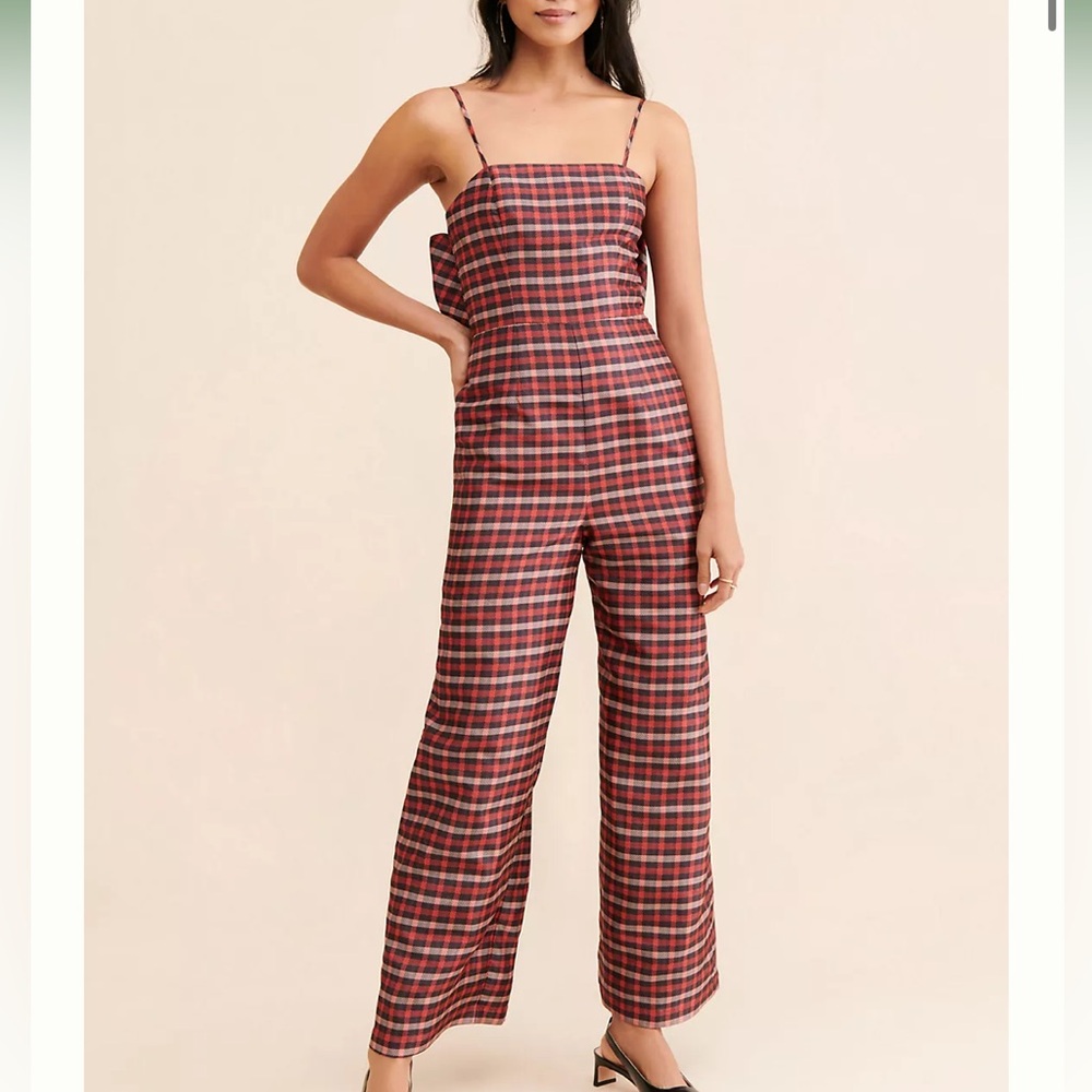 Anthropologie Hutch Plaid Bow Jumpsuit